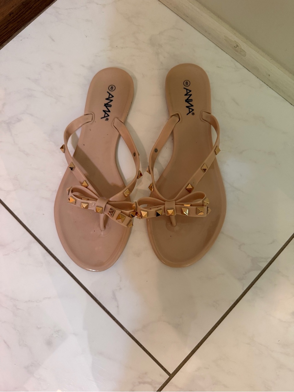 Blush Bow Jelly Thong Sandals with Gold Studs